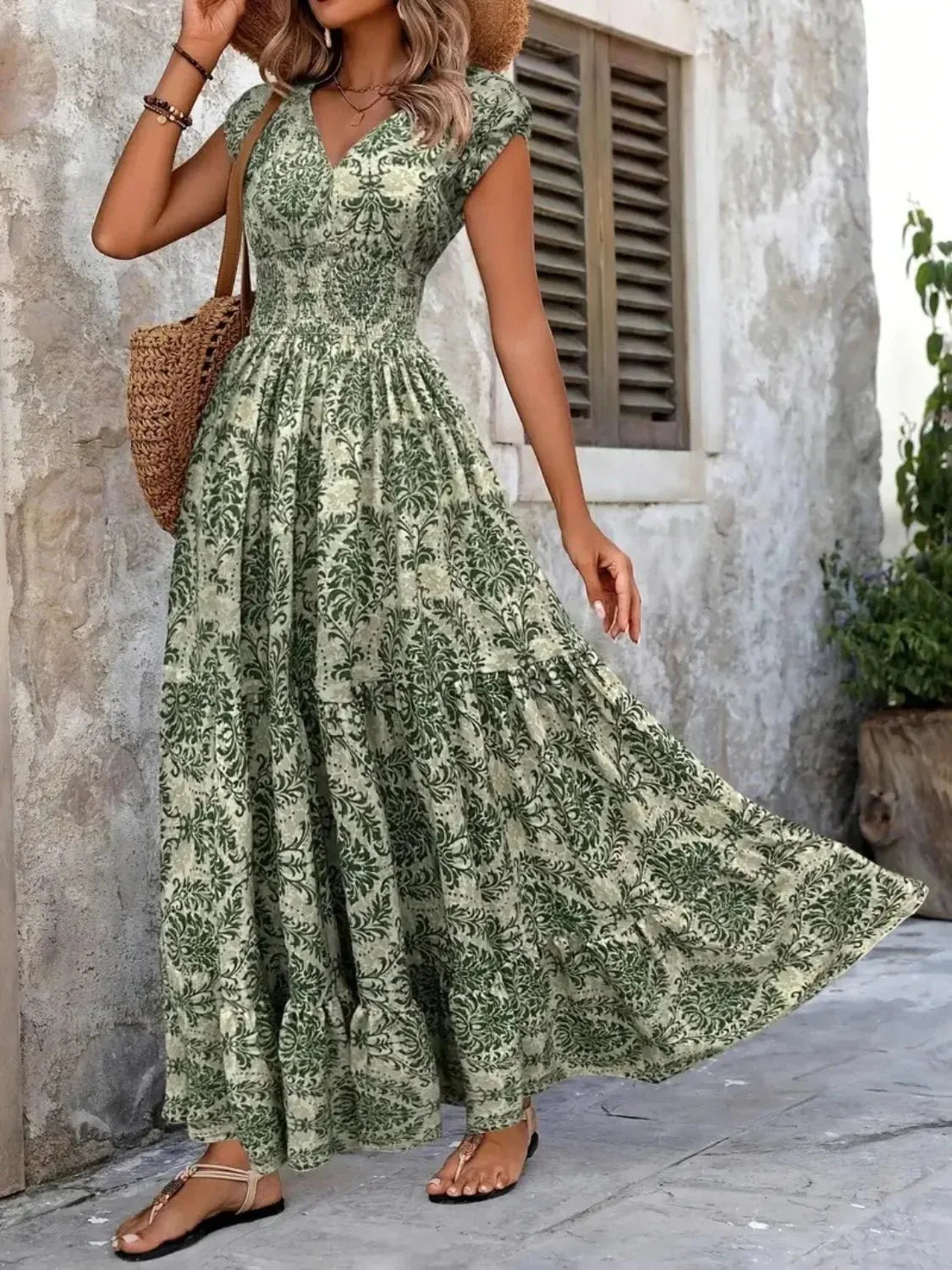 Vintage Floral Cap Sleeve Maxi Dress - VILLA FASHION