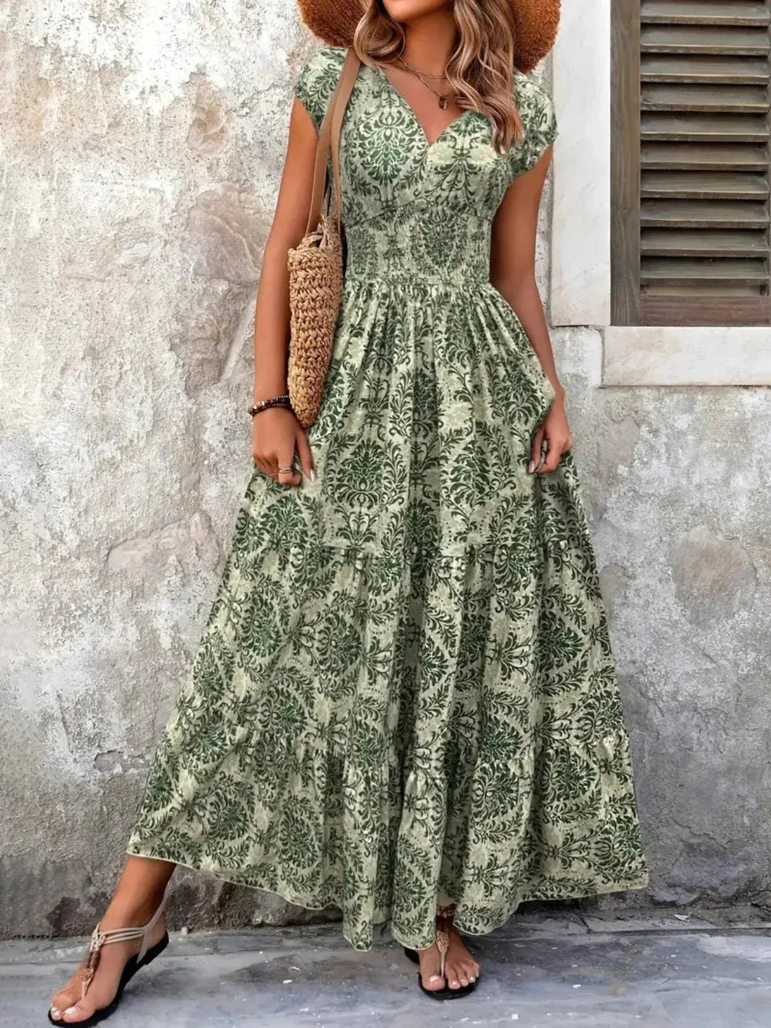 Vintage Floral Cap Sleeve Maxi Dress - VILLA FASHION