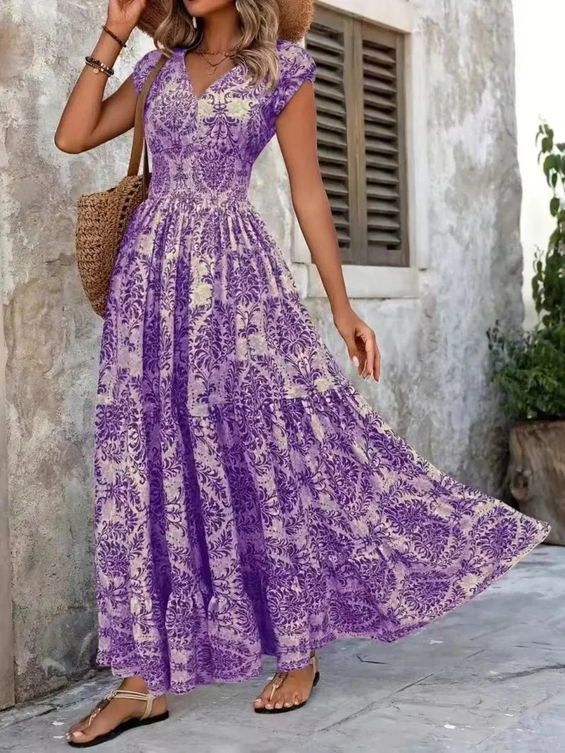 Vintage Floral Cap Sleeve Maxi Dress - VILLA FASHION