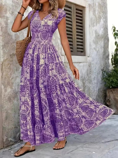 Vintage Floral Cap Sleeve Maxi Dress - VILLA FASHION