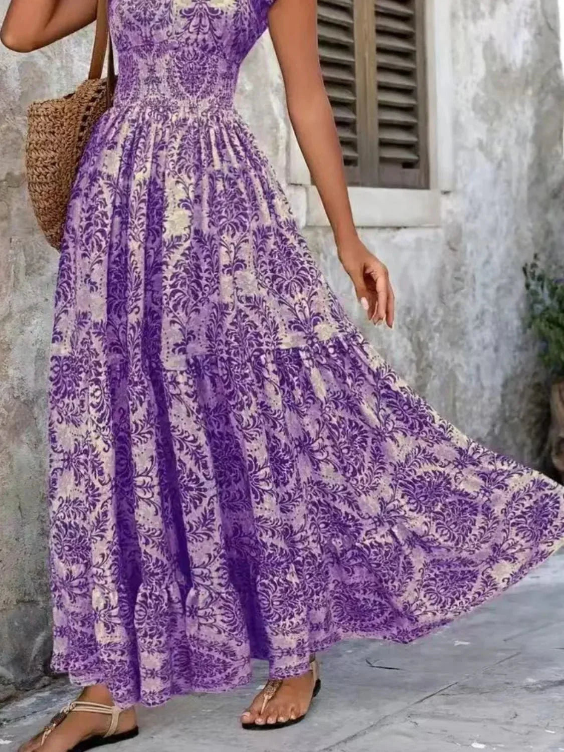 Vintage Floral Cap Sleeve Maxi Dress - VILLA FASHION