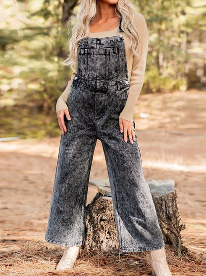 Vintage Washed Wide Leg Denim Overalls with Front Pockets - VILLA FASHION