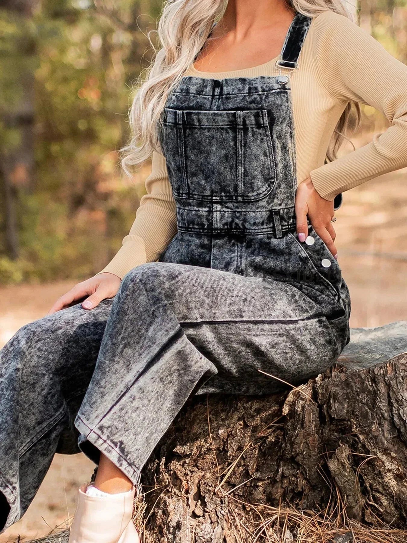 Vintage Washed Wide Leg Denim Overalls with Front Pockets - VILLA FASHION