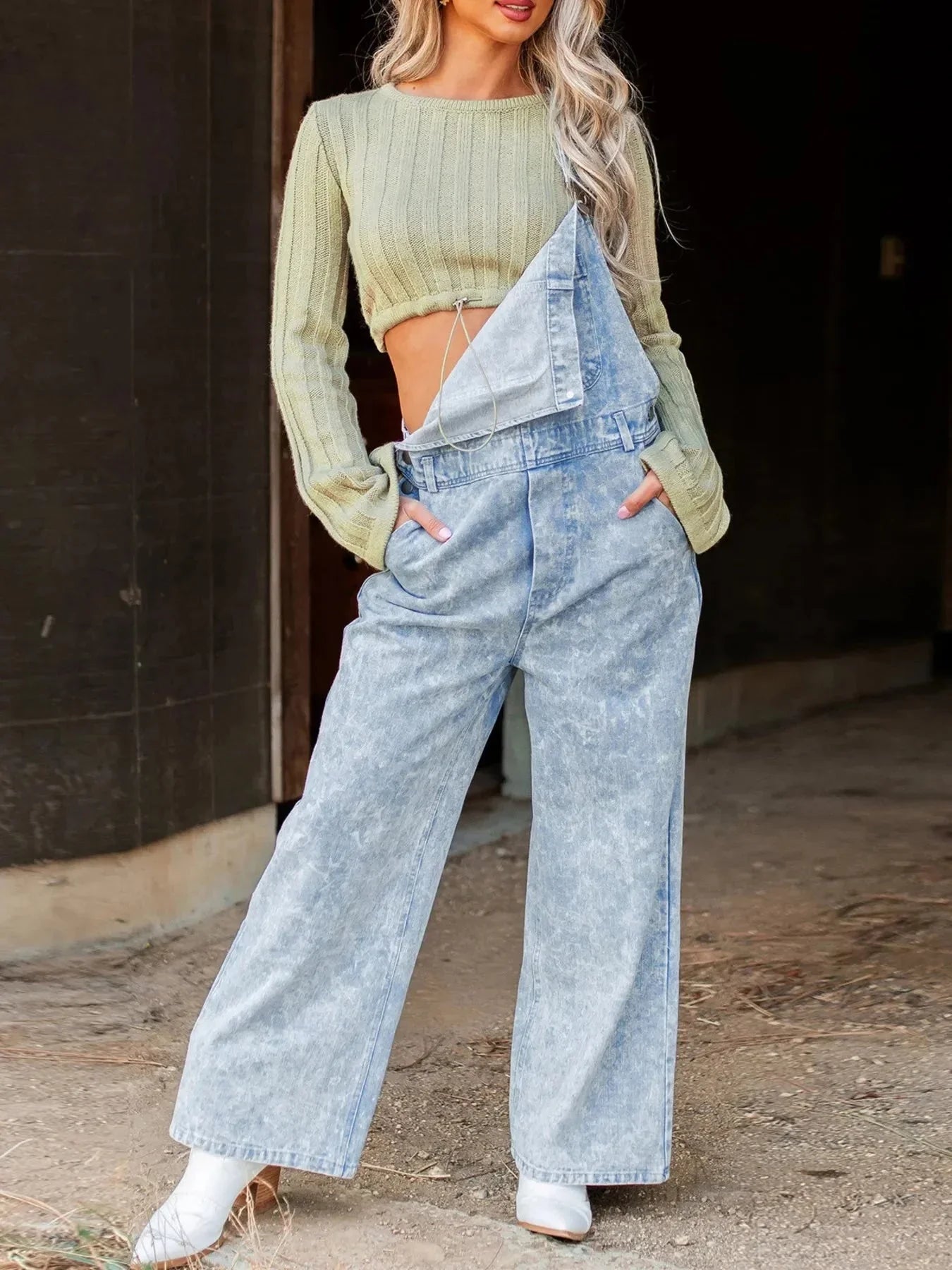 Vintage Washed Wide Leg Denim Overalls with Front Pockets - VILLA FASHION