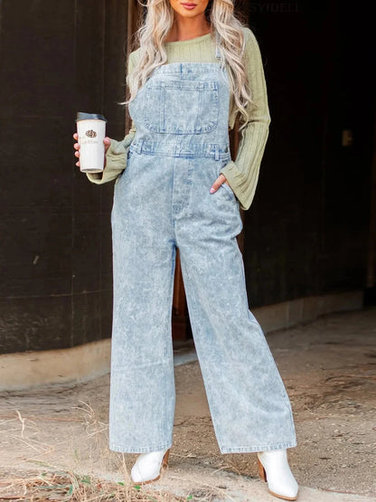 Vintage Washed Wide Leg Denim Overalls with Front Pockets - VILLA FASHION