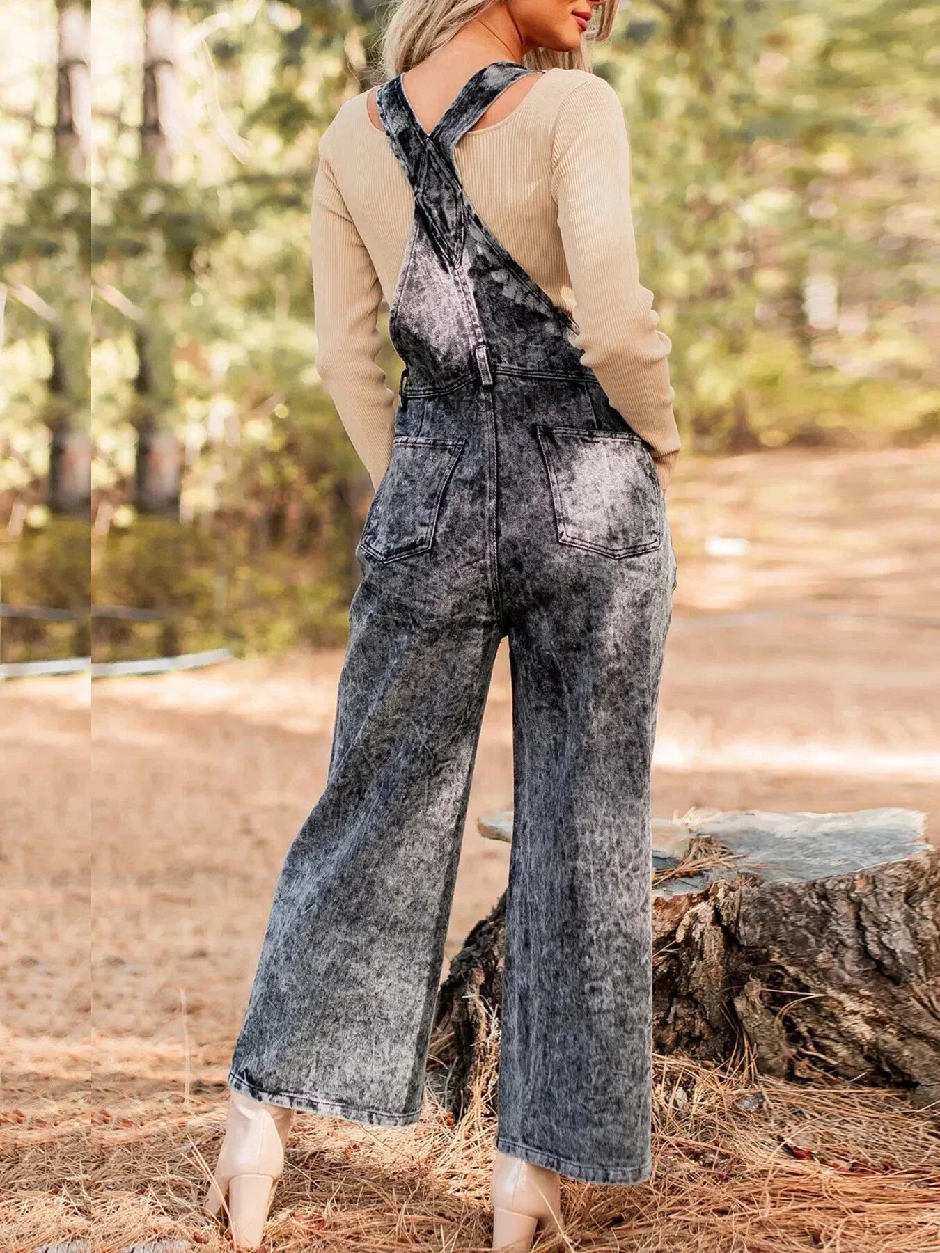 Vintage Washed Wide Leg Denim Overalls with Front Pockets - VILLA FASHION