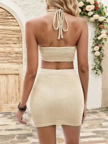 Waffle - Knit Halter Neck Top and Skirt Set - VILLA FASHION