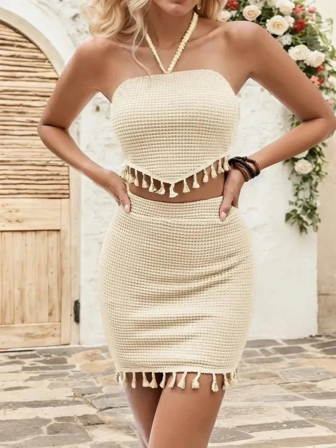 Waffle - Knit Halter Neck Top and Skirt Set - VILLA FASHION