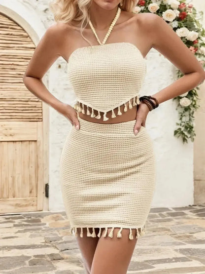 Waffle - Knit Halter Neck Top and Skirt Set - VILLA FASHION