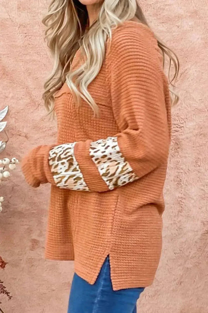 Waffle - Knit Leopard Long Sleeve Slit Blouse - VILLA FASHION