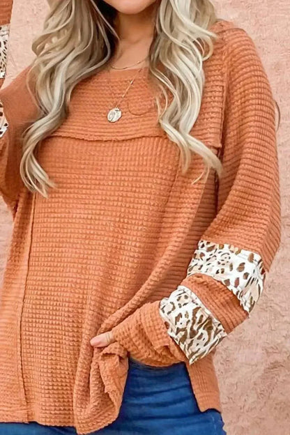 Waffle - Knit Leopard Long Sleeve Slit Blouse - VILLA FASHION
