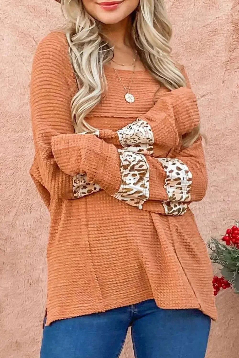 Waffle - Knit Leopard Long Sleeve Slit Blouse - VILLA FASHION