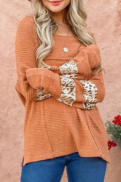 Waffle - Knit Leopard Long Sleeve Slit Blouse - VILLA FASHION