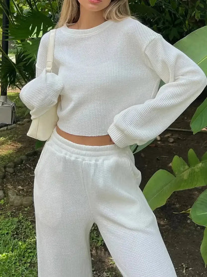 Waffle - Knit Round Neck Top and Pants Set - VILLA FASHION