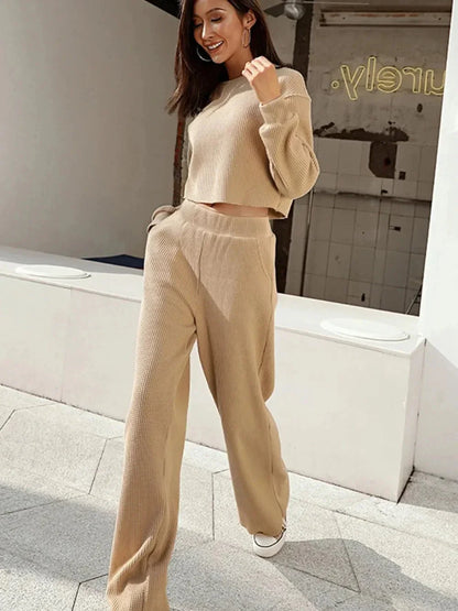 Waffle - Knit Round Neck Top and Pants Set - VILLA FASHION
