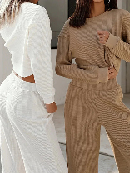 Waffle - Knit Round Neck Top and Pants Set - VILLA FASHION