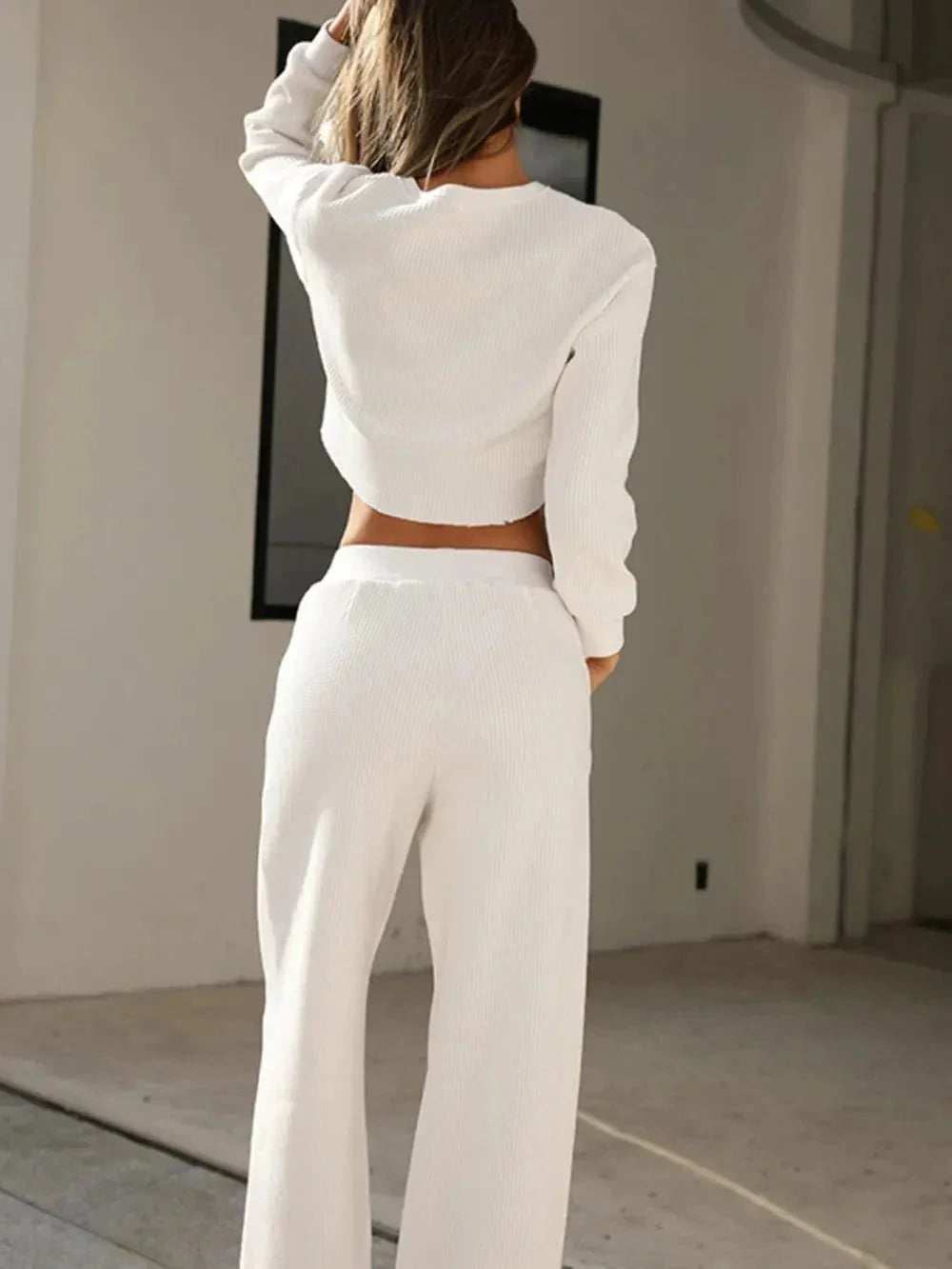Waffle - Knit Round Neck Top and Pants Set - VILLA FASHION