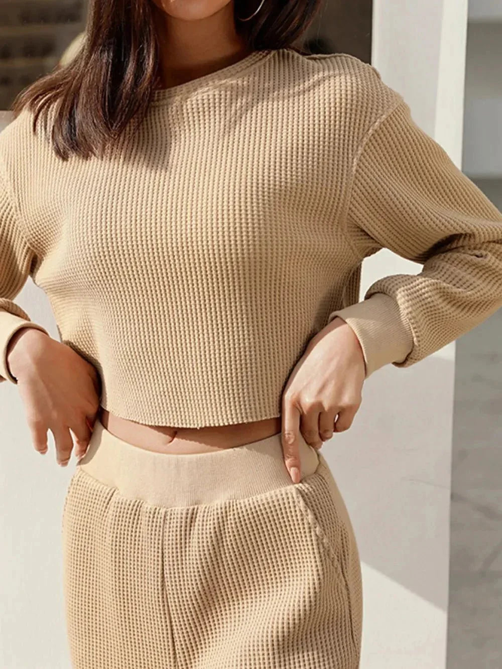 Waffle - Knit Round Neck Top and Pants Set - VILLA FASHION