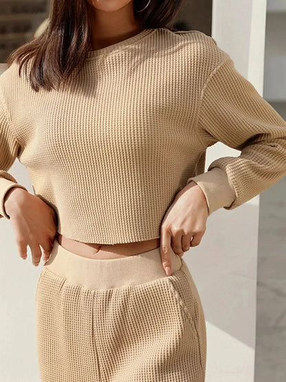 Waffle - Knit Round Neck Top and Pants Set - VILLA FASHION