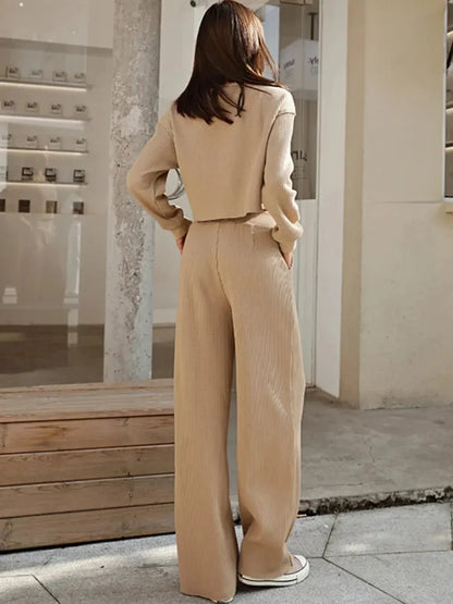 Waffle - Knit Round Neck Top and Pants Set - VILLA FASHION