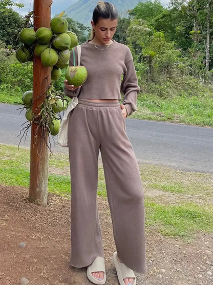 Waffle - Knit Round Neck Top and Pants Set - VILLA FASHION