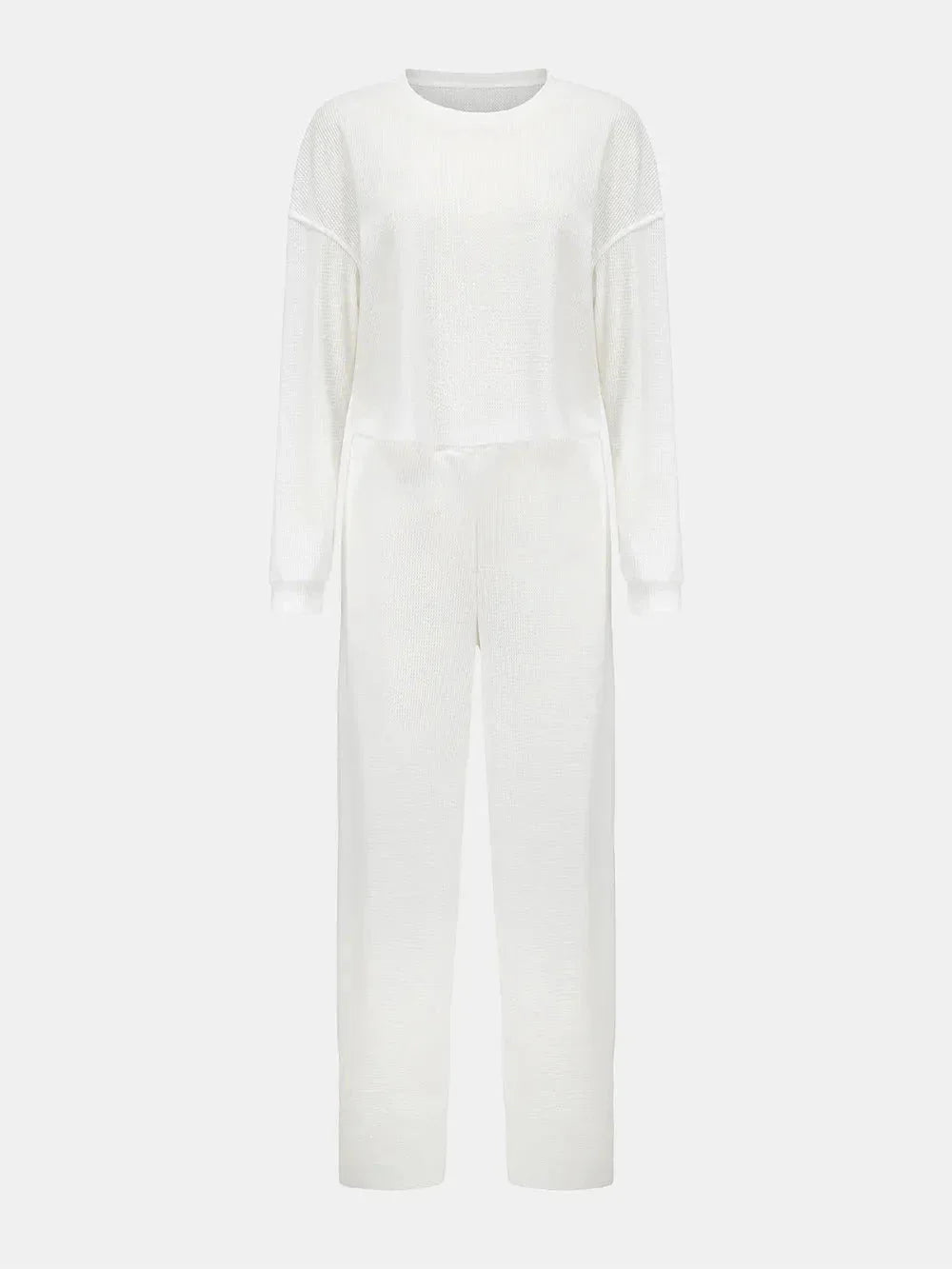 Waffle - Knit Round Neck Top and Pants Set - VILLA FASHION