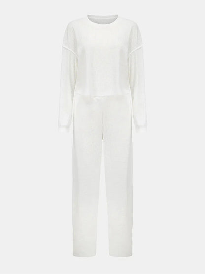 Waffle - Knit Round Neck Top and Pants Set - VILLA FASHION