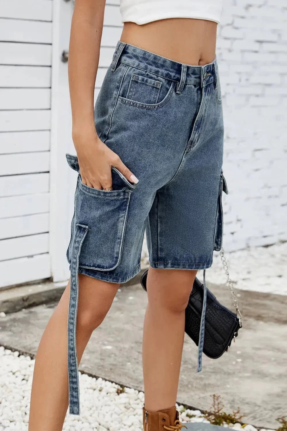 Washed Cargo Denim Shorts - VILLA FASHION