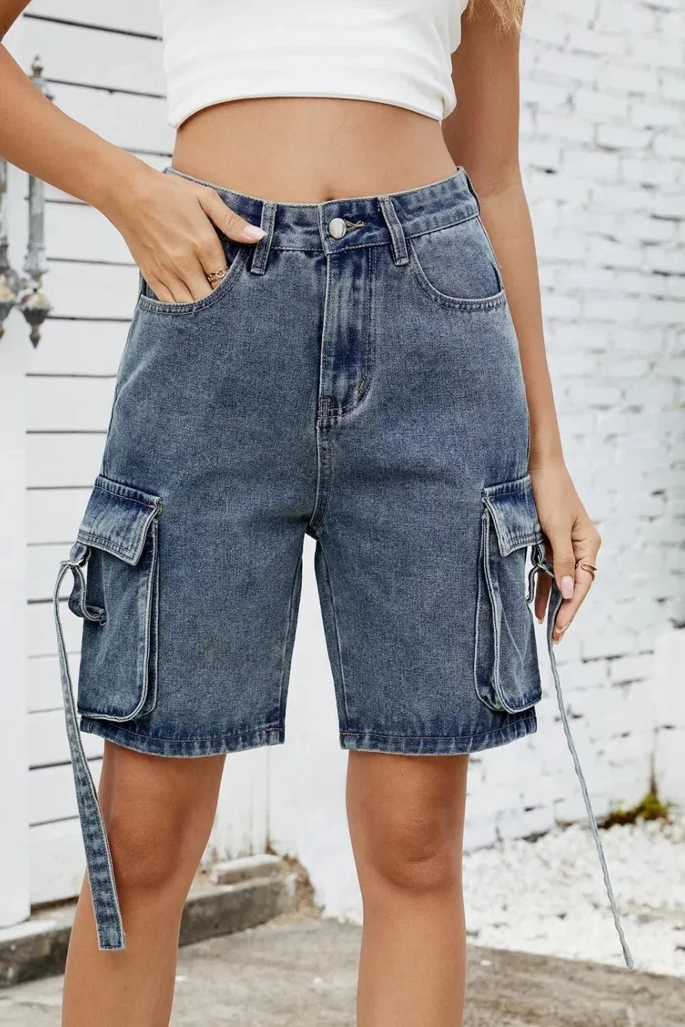 Washed Cargo Denim Shorts - VILLA FASHION