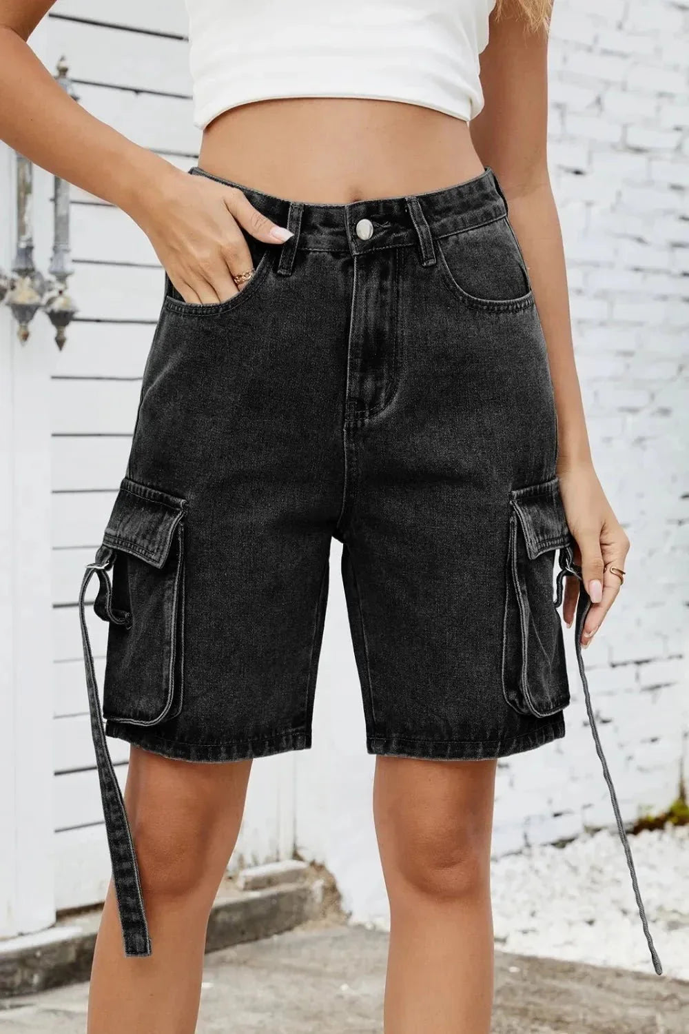 Washed Cargo Denim Shorts - VILLA FASHION