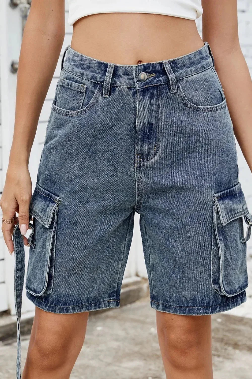 Washed Cargo Denim Shorts - VILLA FASHION