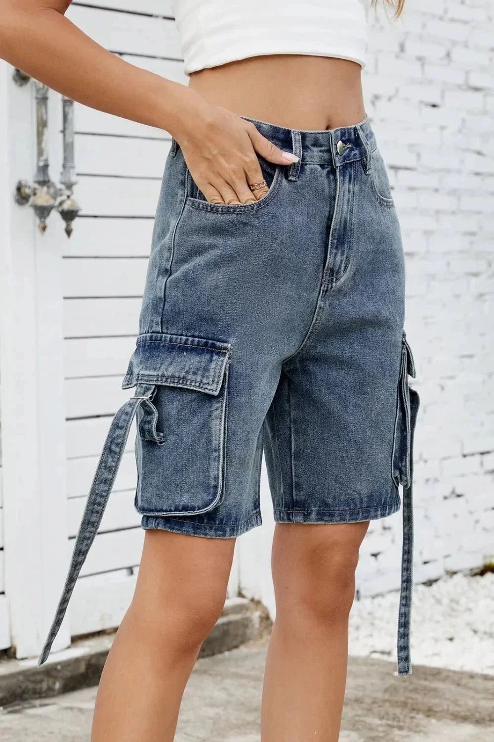 Washed Cargo Denim Shorts - VILLA FASHION