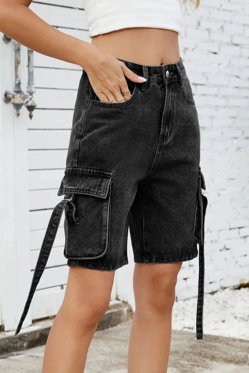 Washed Cargo Denim Shorts - VILLA FASHION
