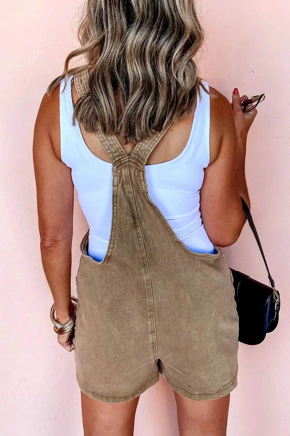 Washed Square Neck Denim Overall Shorts - VILLA FASHION