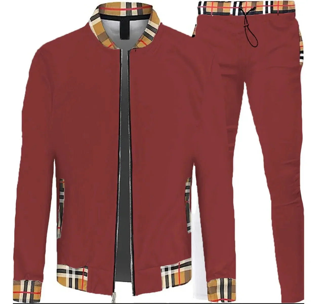 WEIV Full Size Checkered Plaid Waist Band Track Set Plus Size - VILLA FASHION