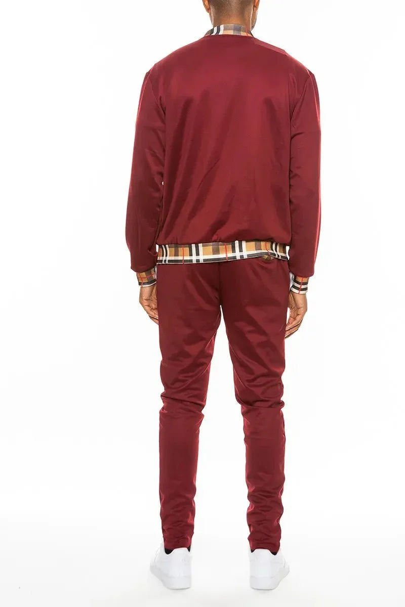 WEIV Full Size Checkered Plaid Waist Band Track Set Plus Size - VILLA FASHION