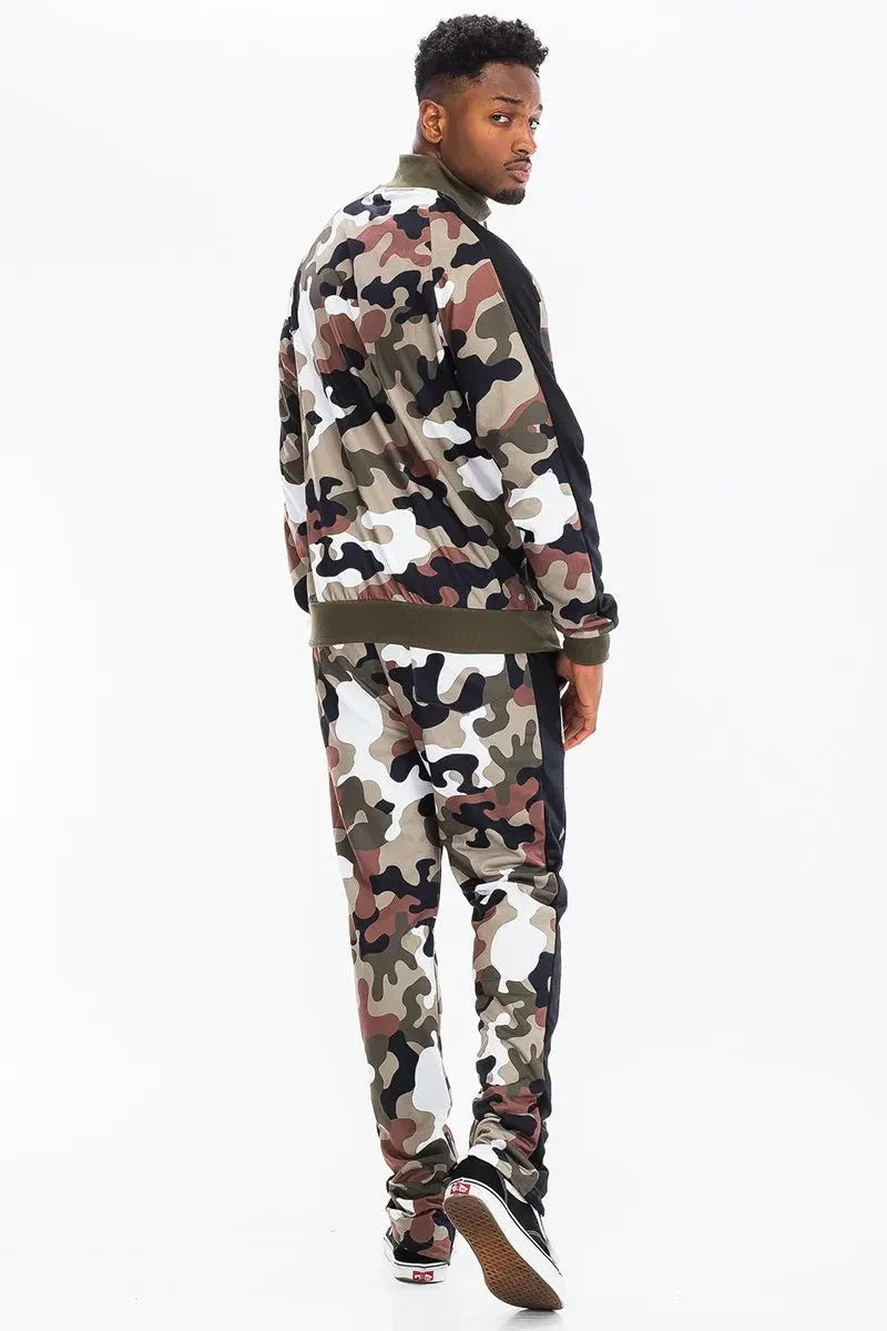WEIV Men's Full Size Camo With Stripe Jacket And Pant Set Plus Size - VILLA FASHION