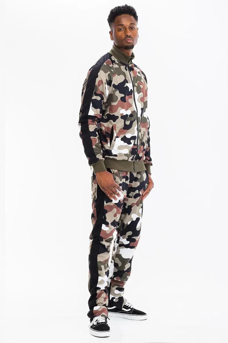 WEIV Men's Full Size Camo With Stripe Jacket And Pant Set Plus Size - VILLA FASHION