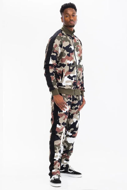 WEIV Men's Full Size Camo With Stripe Jacket And Pant Set Plus Size - VILLA FASHION