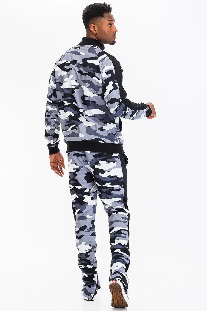 WEIV Men's Full Size Camo With Stripe Jacket And Pant Set Plus Size - VILLA FASHION