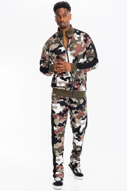 WEIV Men's Full Size Camo With Stripe Jacket And Pant Set Plus Size - VILLA FASHION