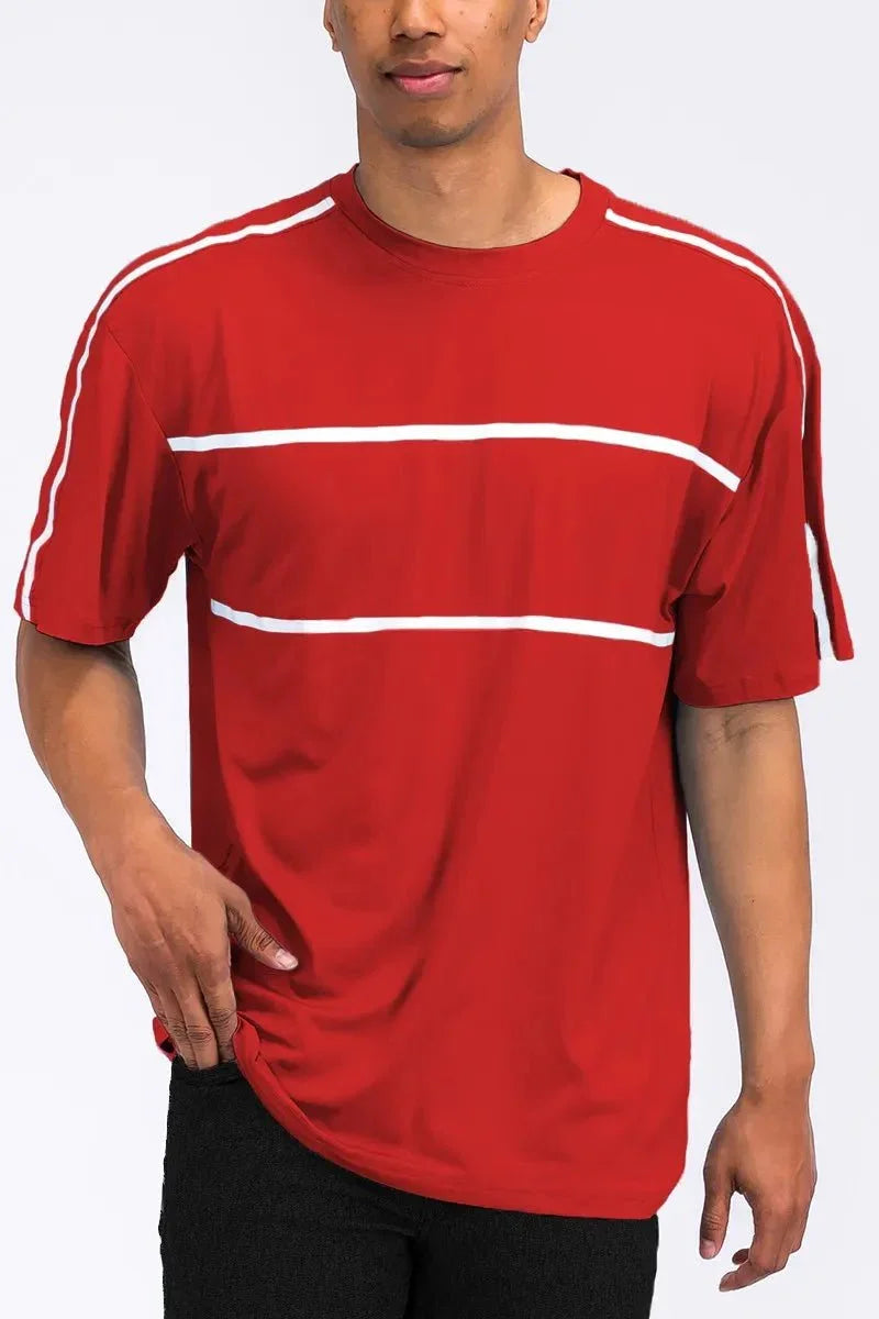 WEIV Men's Full Size Round Neck Tape Stripe T-shirt Plus Size - VILLA FASHION