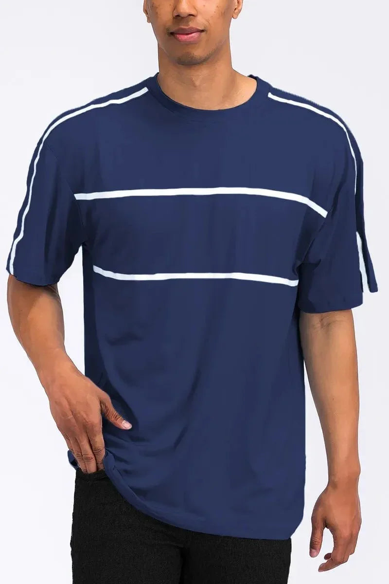 WEIV Men's Full Size Round Neck Tape Stripe T-shirt Plus Size - VILLA FASHION