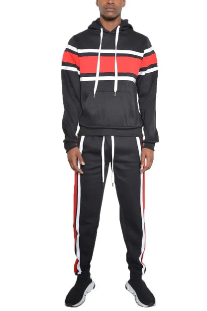 WEIV Men's Full Size Solid With Three Stripe Pullover Hoodie and Pants Set Plus Size - VILLA FASHION