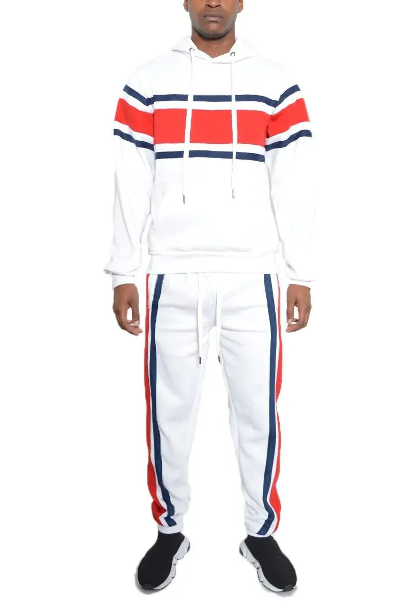 WEIV Men's Full Size Solid With Three Stripe Pullover Hoodie and Pants Set Plus Size - VILLA FASHION