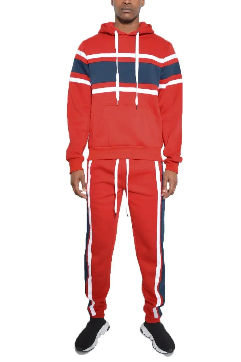 WEIV Men's Full Size Solid With Three Stripe Pullover Hoodie and Pants Set Plus Size - VILLA FASHION