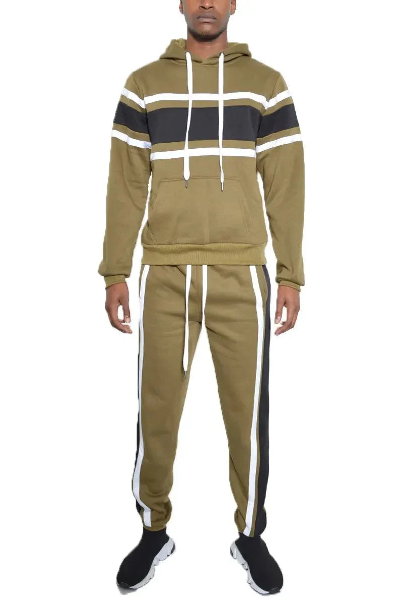 WEIV Men's Full Size Solid With Three Stripe Pullover Hoodie and Pants Set Plus Size - VILLA FASHION