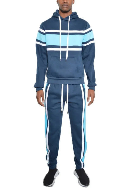 WEIV Men's Full Size Solid With Three Stripe Pullover Hoodie and Pants Set Plus Size - VILLA FASHION