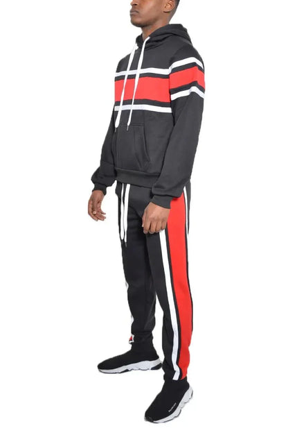 WEIV Men's Full Size Solid With Three Stripe Pullover Hoodie and Pants Set Plus Size - VILLA FASHION