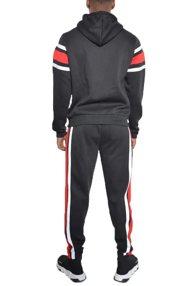 WEIV Men's Full Size Solid With Three Stripe Pullover Hoodie and Pants Set Plus Size - VILLA FASHION